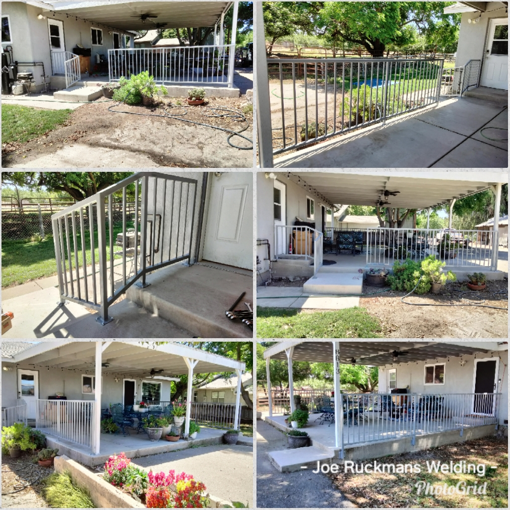 A custom metal porch railing project shown in six photos, from wide views to detail shots