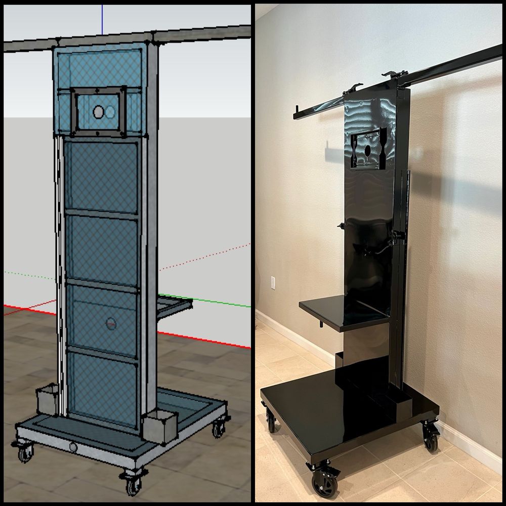 Custom rolling metal cart shown in a design rendering and finished build