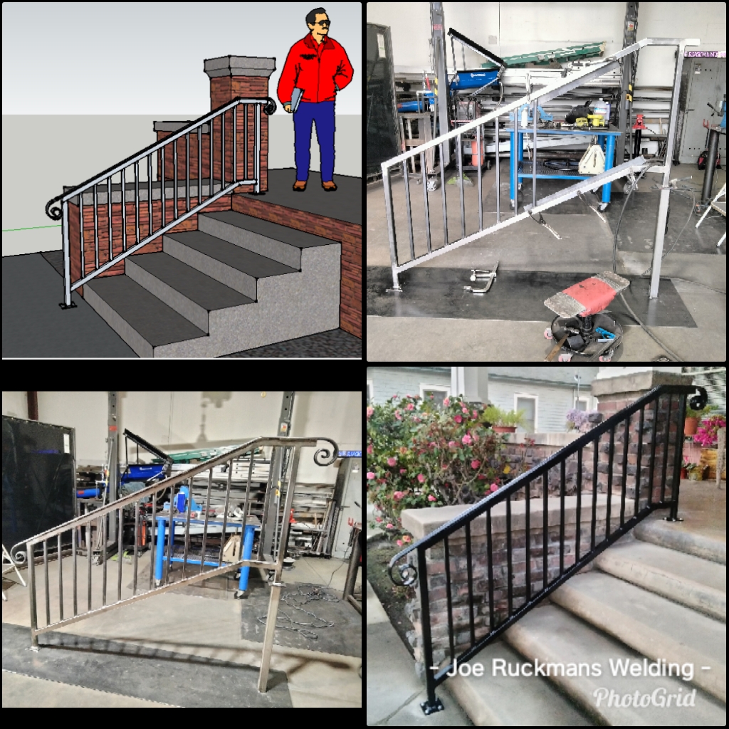 Custom stair railing shown in its design, during fabrication, and installed on site