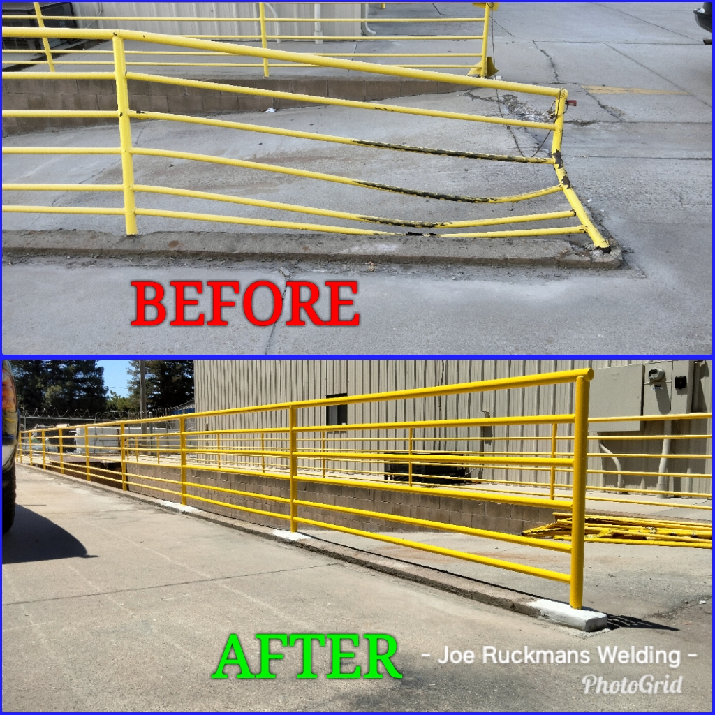 A damaged yellow safety railing before repair and the restored railing after repair